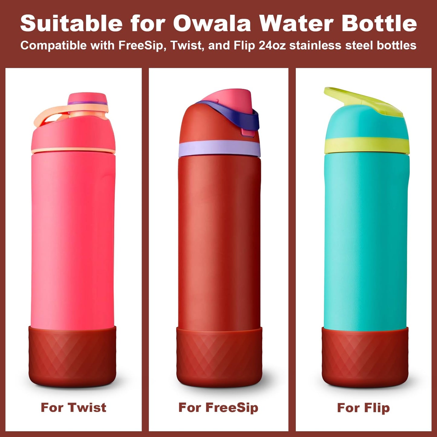 2PCS Silicone Water Bottle Boot for Owala 24oz, Protective Bottom Bumper Anti-Slip Sleeve for FreeSip, Twist, and Flip Stainless Steel Bottles, Dishwasher Safe and BPA Free(Dark Red)