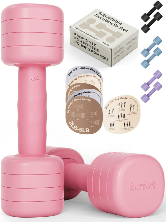 kure.fit Adjustable Dumbbell Set｜2LB 3LB 4LB 5LB Light Hand Weights for Women｜One-Twist Weight Adjustment｜Non-Slip Curved Grip Handle｜Free Weights for Home Gym, Rehab, Pilates, Yoga, Strength Training
