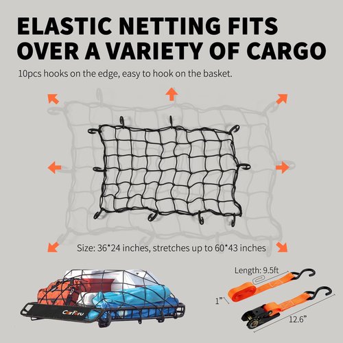 Carforu Roof Rack Basket 51″ X 36″ X 5″ Universal Rooftop Cargo Basket, 250LB Heavy Duty Cargo Basket Car Roof Basket for SUV, Truck, Cargo Net with Attachment Hooks, 2pcs Ratchet Straps