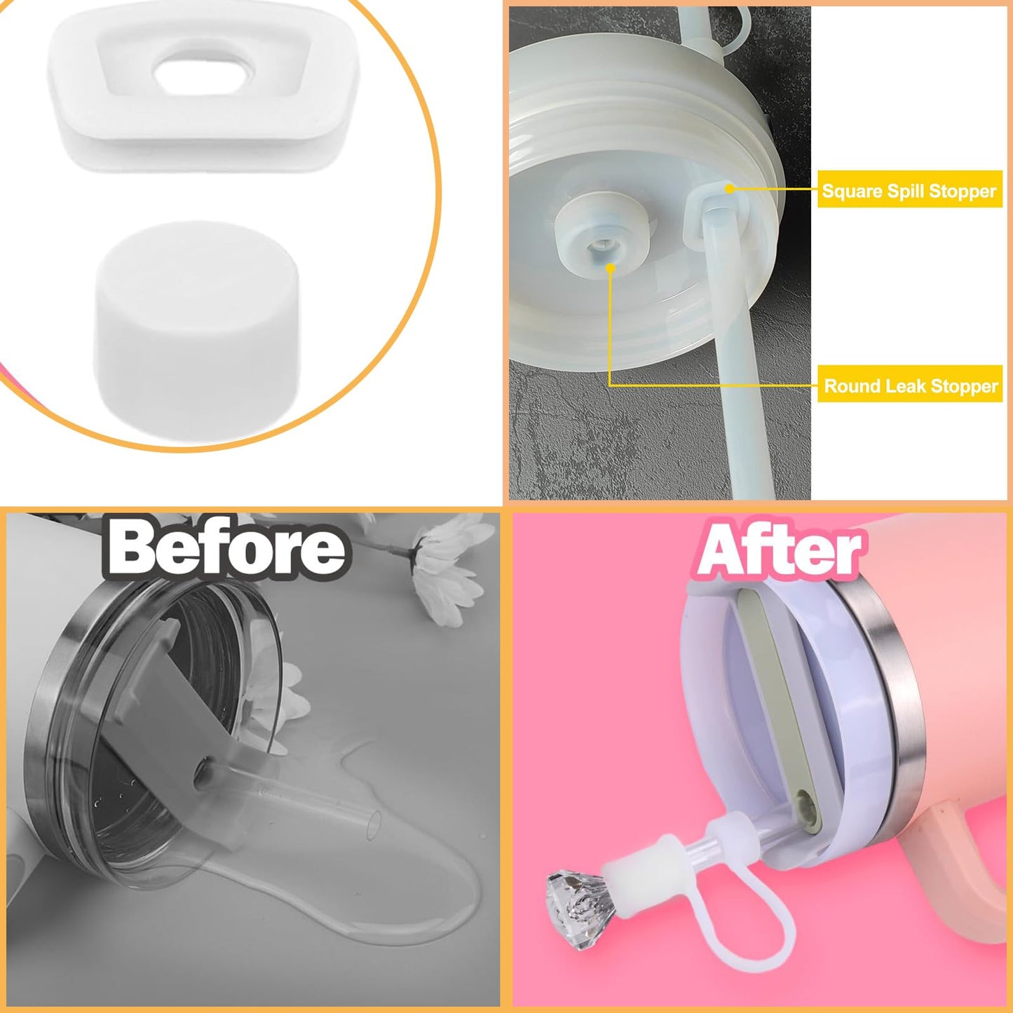 6 PCS Stanley Cup Accessories Set Design for Stanley Cup 30 oz 40 oz, Diamond Straw Cover Topper Cap, Silicone Boot, Spill Proof Stopper, Handle Charm and Initials Sticker Included for Stanley Tumbler