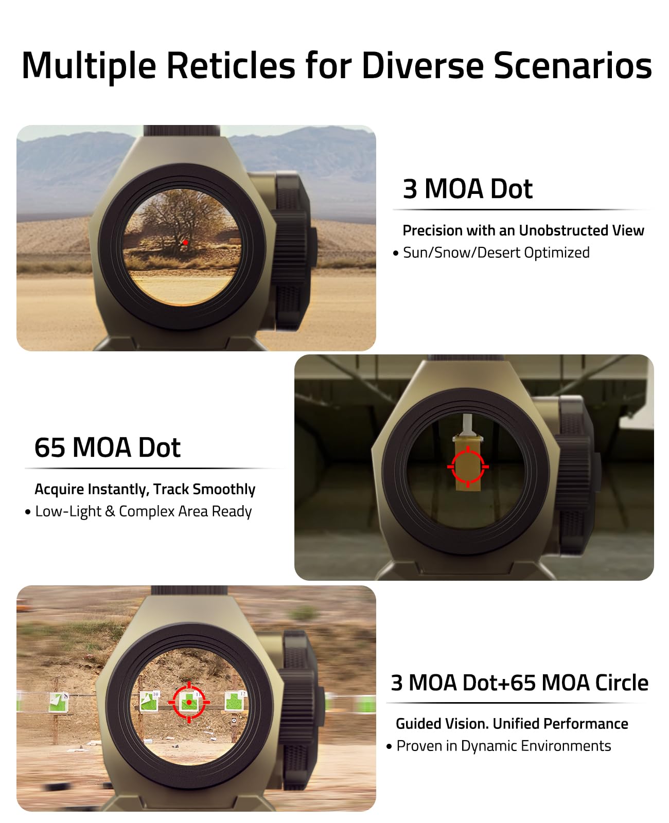 CVLIFE Multiple Reticle 3 MOA Dot & 65 MOA Circle Red Dot Sight, Motion Awake Red Dot, 1x20mm Red Dot Scope Optics with Absolute Co-Witness Riser and Low Mount for Picatinny, Sand