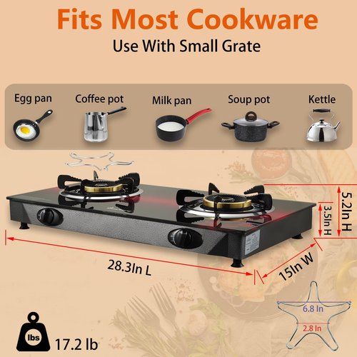 BesNerg Propane Stove 2 Burner Gas Stove, 28800 BTU High-Efficiency Auto Ignition Tempered Glass LPG Cooktop with CSA Regulator and Hose – for Outdoor Camping, RV, and Emergency Cooking