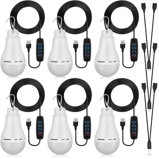 Kittmip 6 Pcs USB Light String LED Portable Light Bulb Rechargeable USB Strip Camping Lantern with Splitter Cable for Camping Porch Backyard Garage Warehouse Truck Fishing Boat