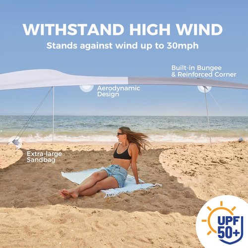 WEKAPO Beach Shade Canopy, 7x7 FT Beach Tent Sun Shelter with 4 Poles, Large Sand Shovel and Ground Pegs, UPF 50+ Outdoor Shade for Camping Trips, Fishing (Grey, 7x7 FT 4 Pole)