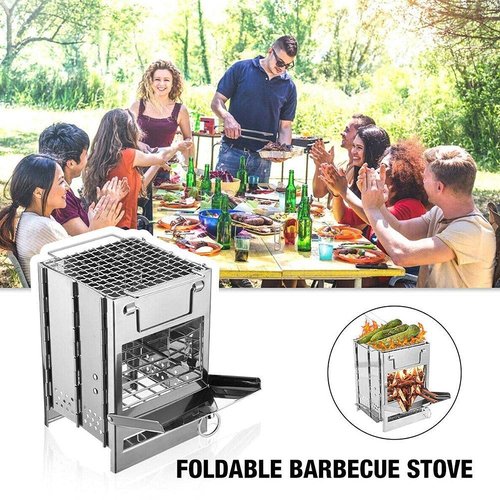 Camping Wood Burning Stove with Grill, Collapsible Backpacking Survival Rocket Stove Stainless Steel Campfire Stove for Outdoor Cooking Picnic Hiking BBQ (Sliver-Small)