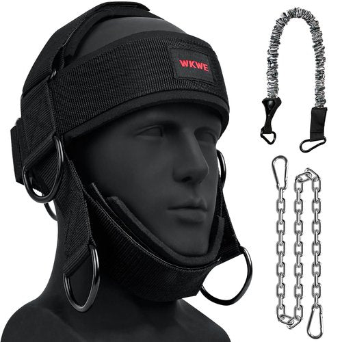 WKWE Neck Harness for Increases Neck Core Strength - Neck Exerciser with 30" Heavy Duty Steel Chain for Safely Lifting Weights Up to 280 lbs, Adjustable Head with Nylon Tether and 2 Carabiners Manually-operated exercise equipment