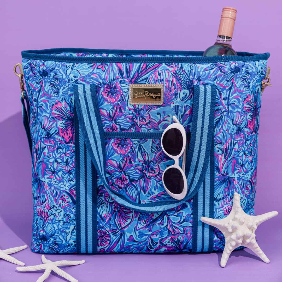 Lilly Pulitzer Blue Picnic and Beach Cooler, Insulated Bag with Adjustable Shoulder Strap and Zipper, Large Soft Cooler for Groceries or Travel, Shells N Bells