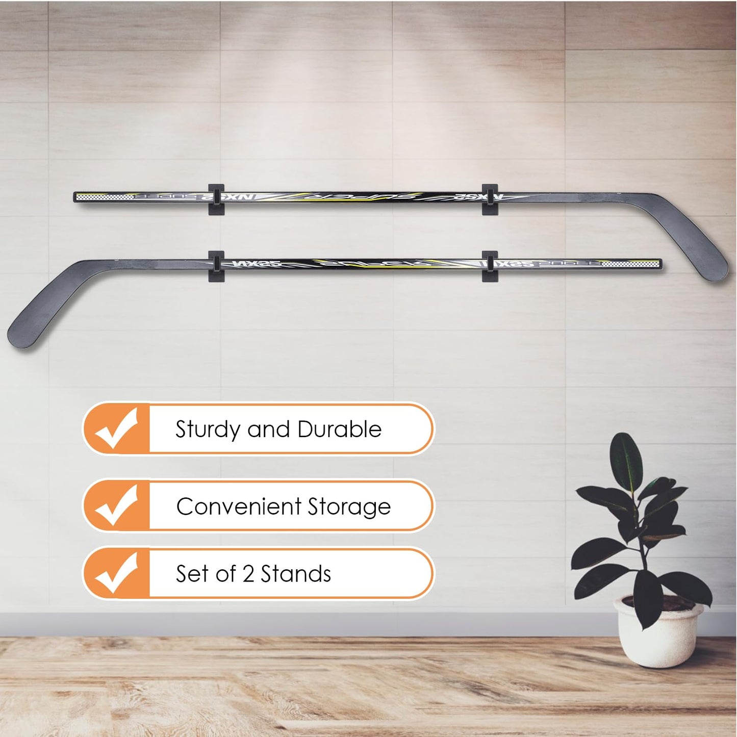 JstFrU 4 Piece Hockey Stick Rack,Wall Mount Hockey Stick Holder,Ice Hockey Stick Hangers for Horizontal Display,Holds 2 Hockey Sticks,Space Saving,Black, RX-3021