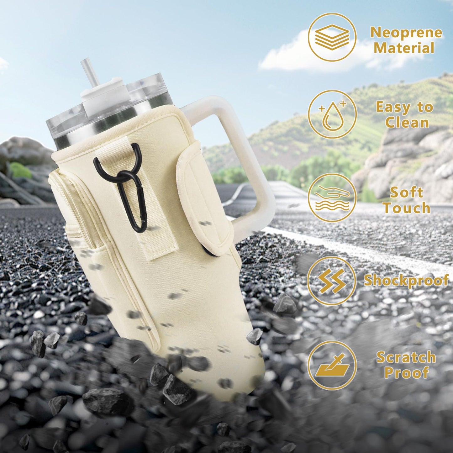 Aganmi Water Bottle Carrier Bag with Phone Pocket for Stanley 40oz Tumbler,Glitter Initial Sport Water Bottle Holder Sling Pouch with Adjustable Strap for Stanley Cup Accessories (Cream A)