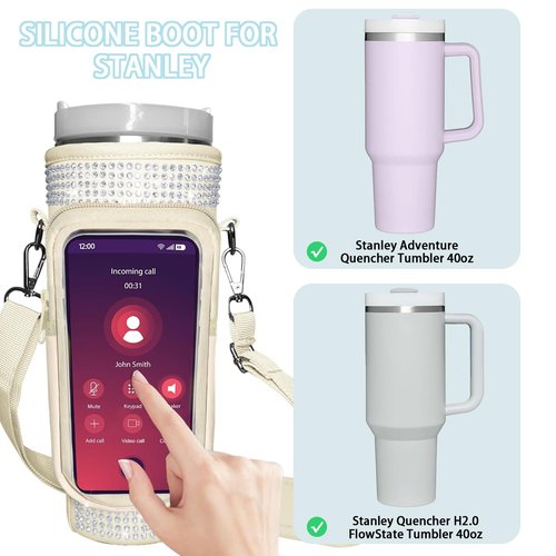 mpmpssss Bling Water Bottle Carrier Bag with Touchscreen Phone Pocket for Stanley 40oz Tumbler with Handle Neoprene Water Bottle Holder Pouch with Adjustable Strap for Stanley Cup Accessories.