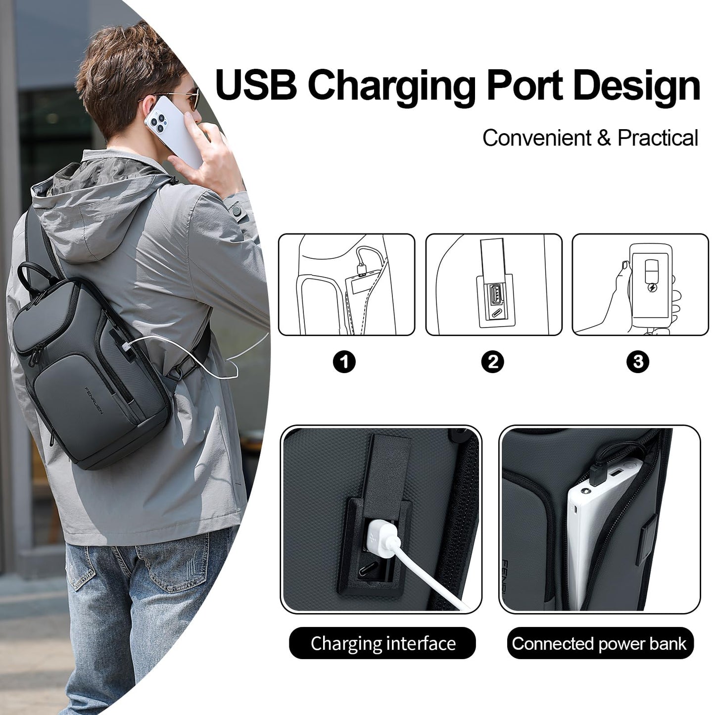 FENRUIEN Grey Sling Bag, Lightweight Crossbody Bag with USB, Sling Backpack Shoulder Chest Pack for Men Casual Rucksack for Daypack/Hiking/Travel/Sports