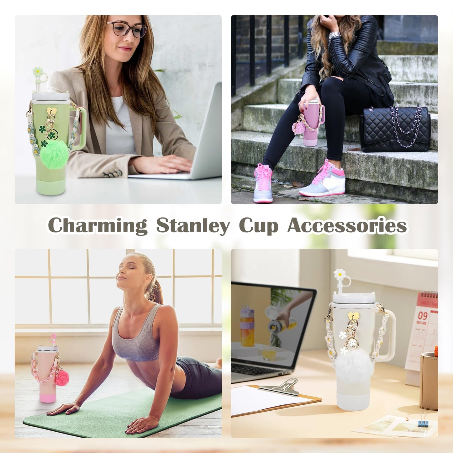 Gestarich 7PCS Stanley Cup Accessories, White Silicone Tumbler Accessories for 30/40oz Stanley Tumbler, Including Straw Cover, Boot, Hand Strap, 4 Pcs Charms