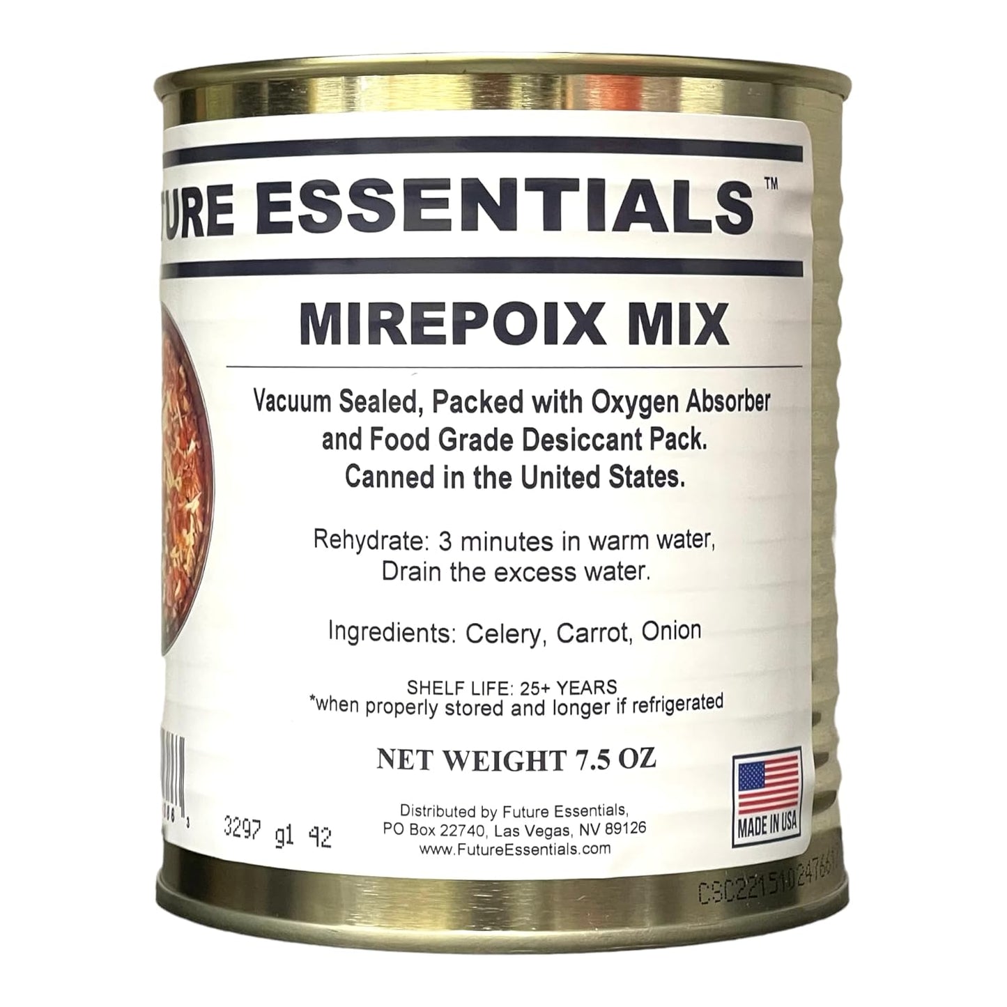 Future Essentials Dehydrated Mirepoix Mix | 7.5 oz Can | Emergency Food Supply | Dried Onion, Carrot & Celery Blend | Long Shelf Life | Ideal for Cooking, Prepping & Food Storage | Made in USA