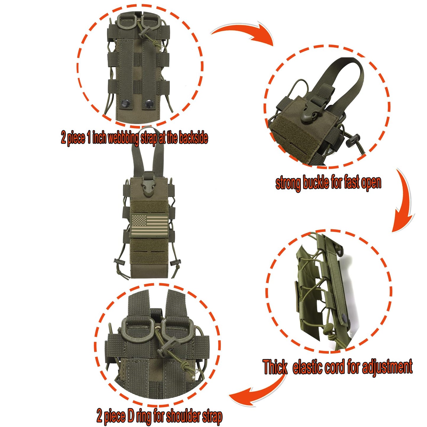 Molle Water Bottle Holder Molle Pouch Carrier,Tactical Water Bottle Pouch,Water Bottle Carrier with Strap,Tactical Molle Water Bottle Pouch,Water Bottle Holder Carrier for Walking (2 PCS GREEN)