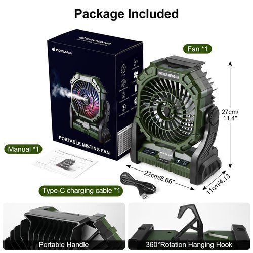Odoland Portable Camping Fan with LED Lantern, 20000mAh Battery Operated Rechargeable Misting Fan with Light, 250mL Water Tank, Hook, Outdoor Tent Cooling Fans for Patios Beach Travel Summer, Green
