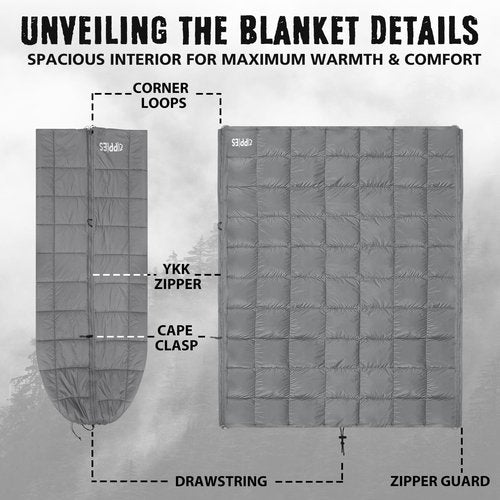 ZIPPIES 3M Thinsulate Insulation Puffy Camping Blanket for Cold Weather, Queen Size Warm Camping Quilt with Zipper, Waterproof Outdoor Sleeping Bag for Hammock, Cozy & Versatile Gift for Men and Women