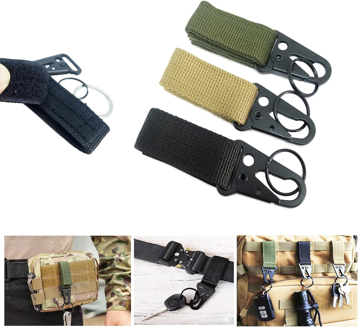 4 pcs Tactical Key Ring Belt Holder Nylon Clips with 1" HK Hooks Keychain Carabiner Buckle for Molle Strap Webbing Attachement, Black Khaki Green