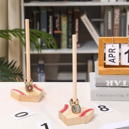 Beeveer 2 Sets Baseball Wooden Ring Holder 10 Inches Softball Ring Display Stand Stacked Storage Organizer Christmas Birthday Gift for Dad Grandpa(Red Color)