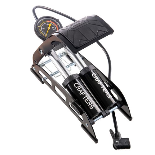 CRAFTERS Foot Pump - Multipurpose Valve Head for Bikes, Cars and Balls | Long Hose | Easily Readable Gauge | Light & Durable Steel Build.