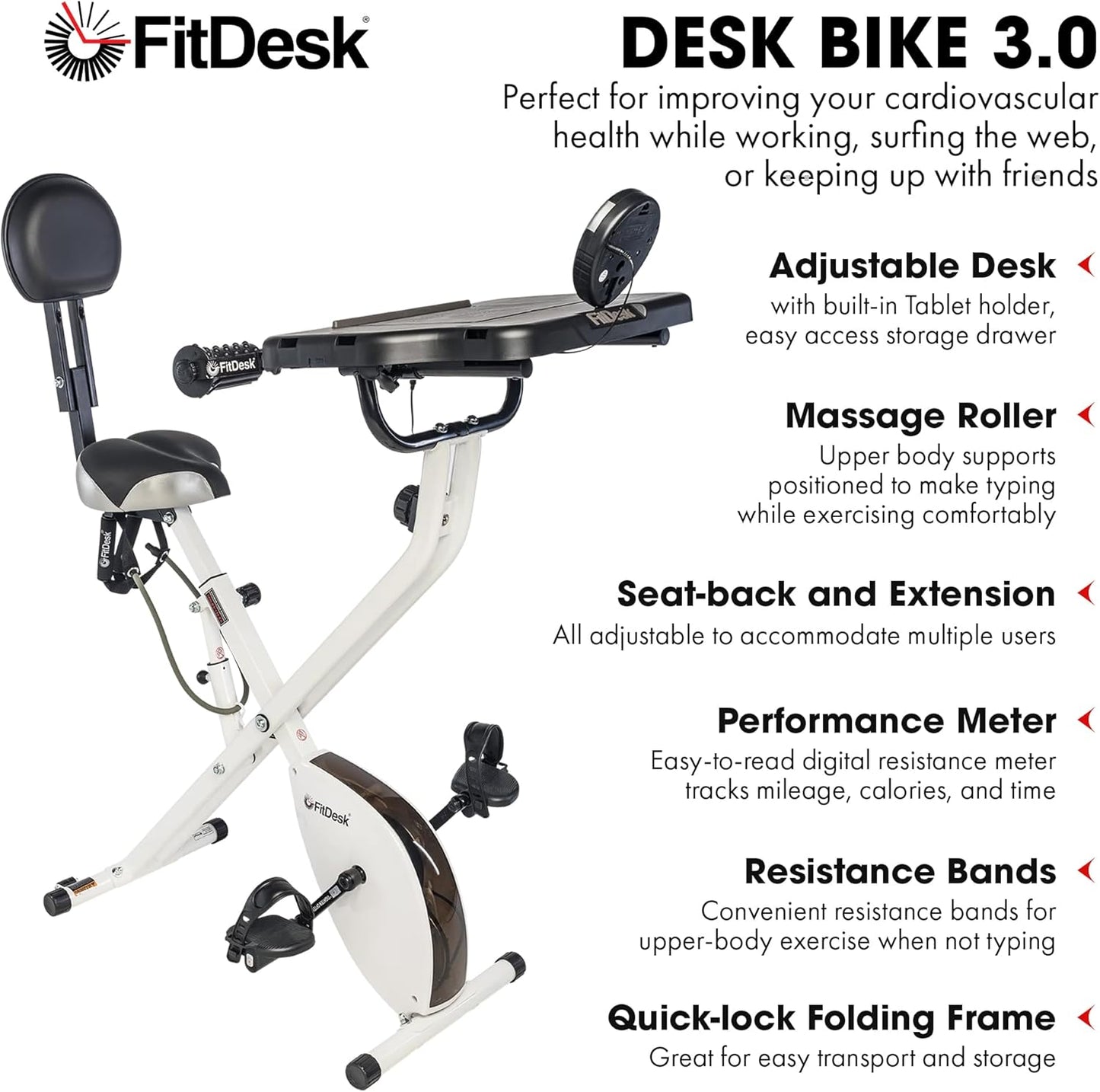 FitDesk Standing Exercise Bike Desk 3.0, Adjustable Height Indoor Cycling Trainer, Tablet Holder, Fitness Table, Portable Exercise Table, Resistance Bands, Home & Office Bike, Supports Up to 300 lbs