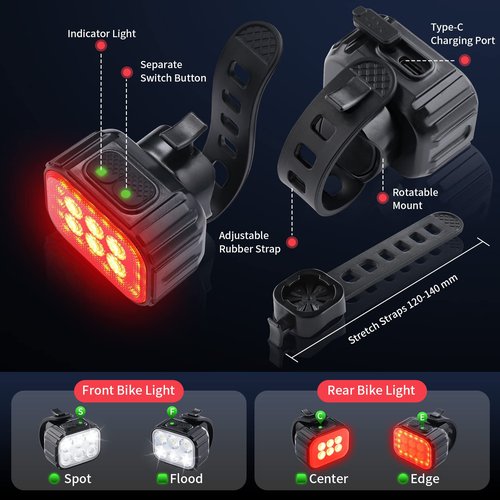 Bike Headlight-Taillight Combinations Rechargeable Bicycle Lights Super Bright Bicycle Headlight and Taillight Set Led Mountain Bike Lights Front and Back Flashlight(Headlight-taillight Combinations)