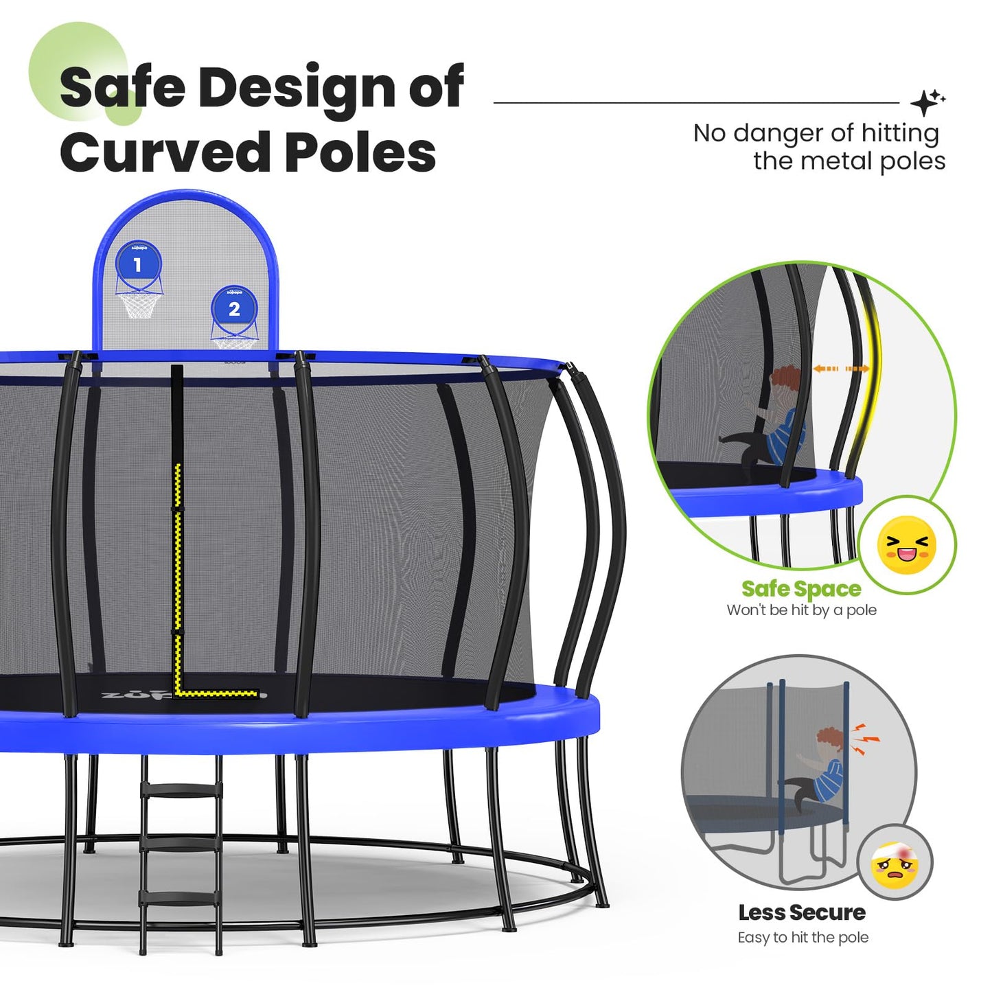 Zupapa 1800LBS Capacity No-Gap Design 16 15 14 12 10FT Trampoline with Safety Enclosure Net and Non-Slip Ladder 10-Year Quality Assurance Perfect for Kids Family Outdoor Backyard Fun