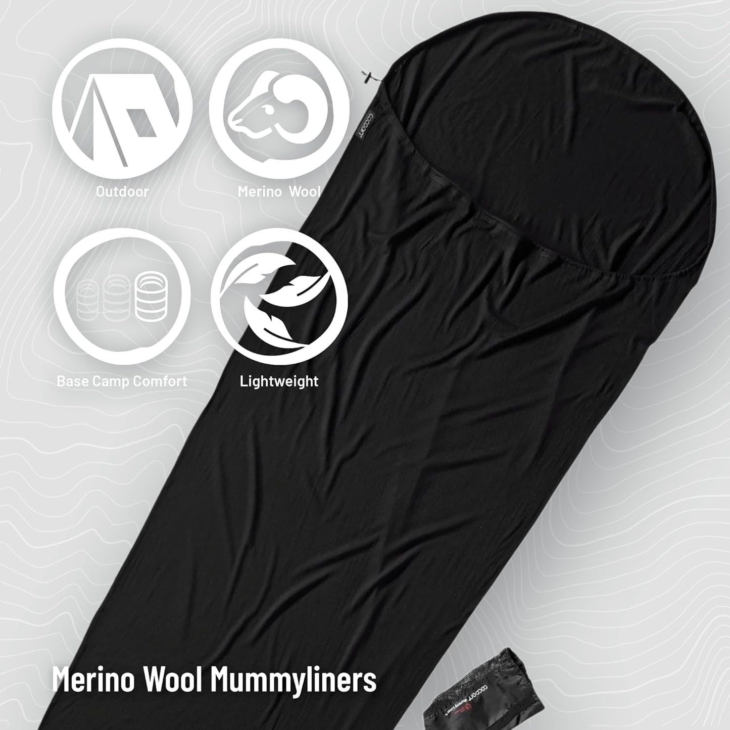 Premium Merino Wool MummyLiner - COCOON Black Sleeping Bag Liner for Comfort
