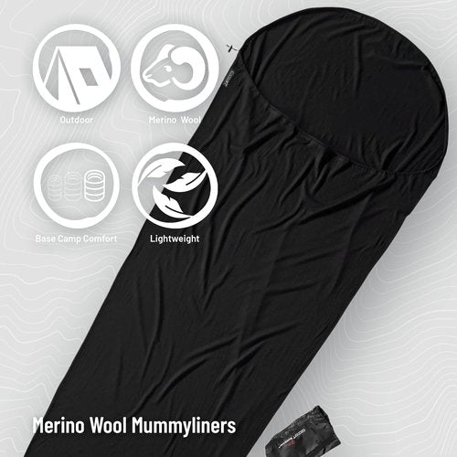 Merino Wool MummyLiner - Premium Black Sleeping Bag Liner for Comfort & Warmth