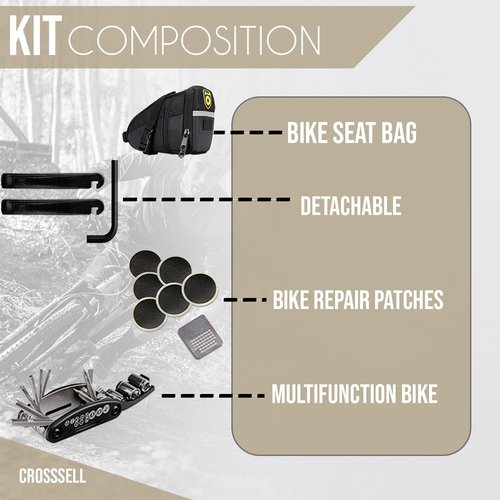 CROSSSELL Bike Repair Tool Kit with Saddle Bag – 16 in 1 Multifunction Bike Multitool, Tire Patch Kit, Tire Levers, – Waterproof Under Seat Bag for Road, Mountain & Hybrid Bikes