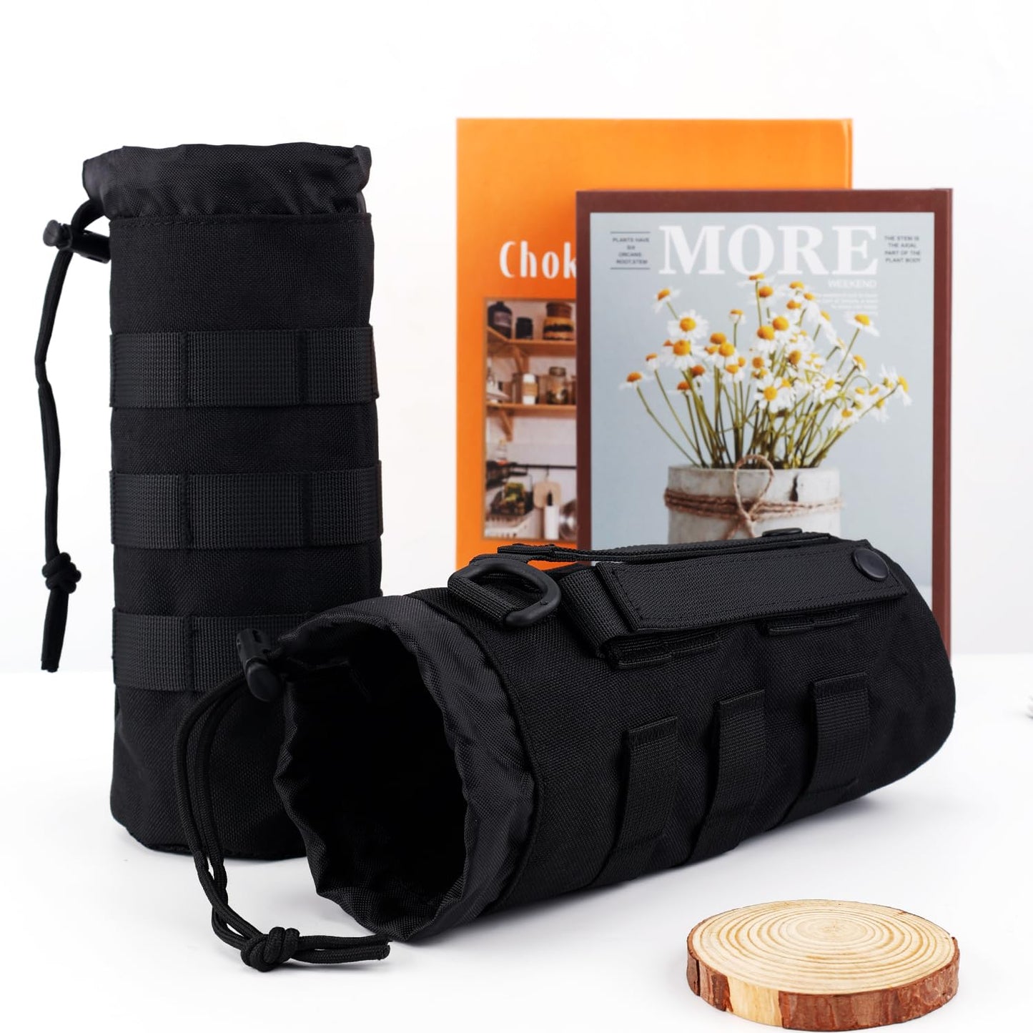 PEUTIER 2pcs Molle Water Bottle Holder, 1000D Nylon Sports Molle Bottle Pouch Carrier Bag with Drawstring Top Mesh Bottom Practical Molle Cup Holder for Outdoor Camping (Black)