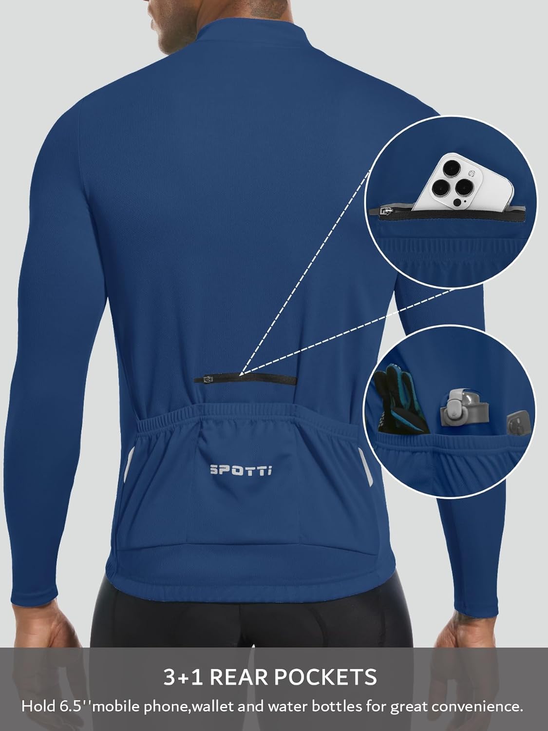 Spotti Men's Cycling Bike Jersey Long Sleeve with 3 Rear Pockets - Moisture Wicking, Breathable, Quick Dry Biking Shirt