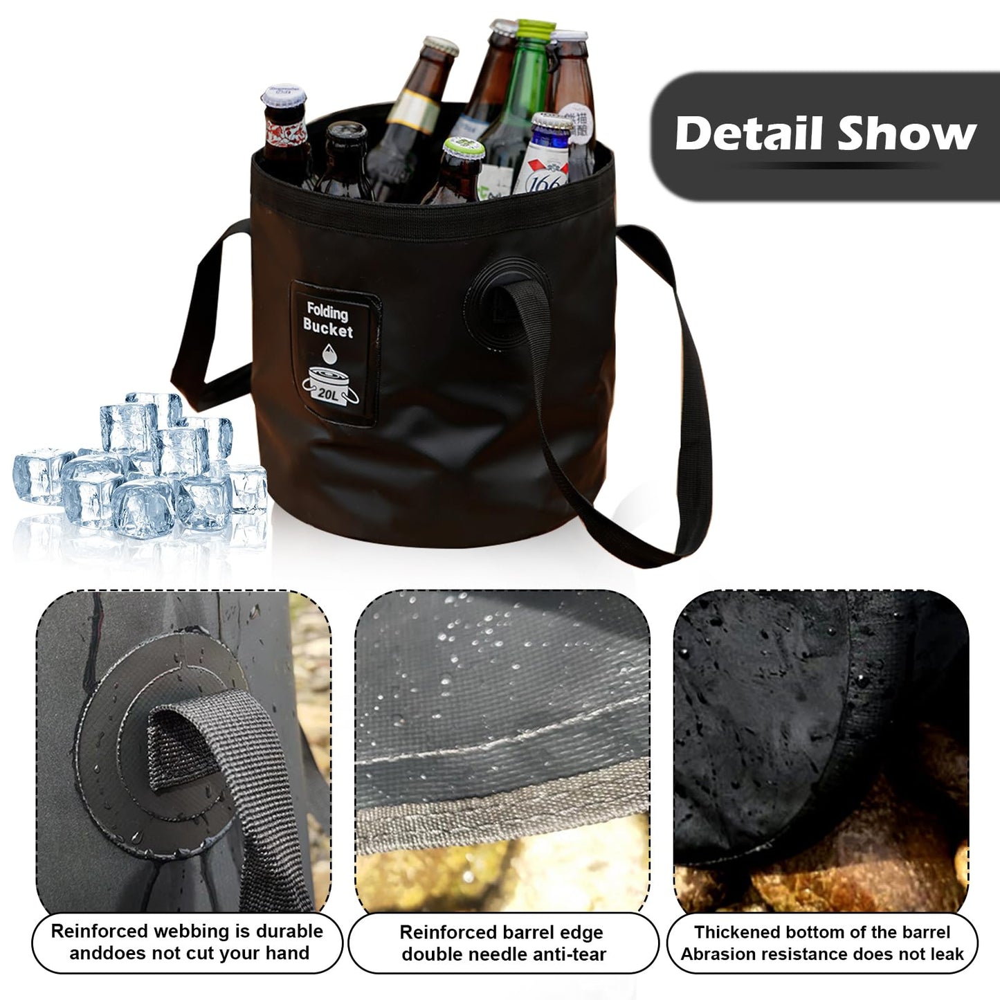 Collapsible Bucket with Handle, Lightweight Folding Water Container, Portable Collapsible Bucket for Fishing, Camping, Hiking, Backpacking, Outdoor Survival, Car Washing Black 20L
