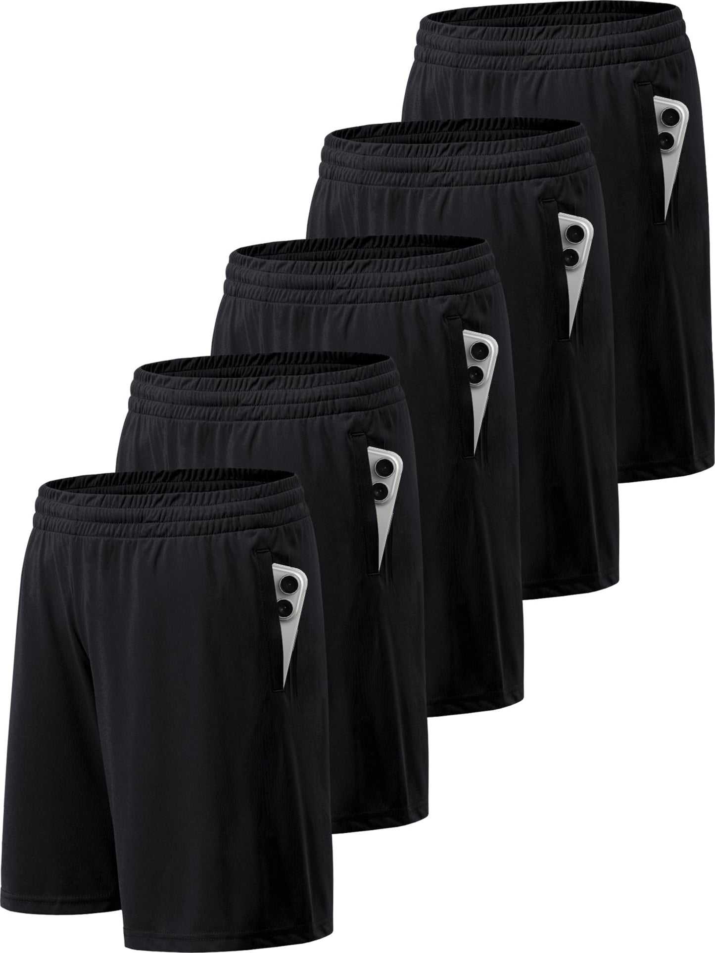 BVNSOZ Men's Athletic Shorts with Pockets and Elastic Waistband Quick Dry Workout Shorts for Men, Black x 5, M