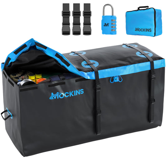 Mockins 25 CuFt Large Trailer Hitch Cargo Carrier Bag | 60"x24"x31" All Weather Cargo Bag for Hitch Carrier | Waterproof Luggage Bag for Truck Bed Storage | Vehicle Soft Shell Carriers w/Accessories