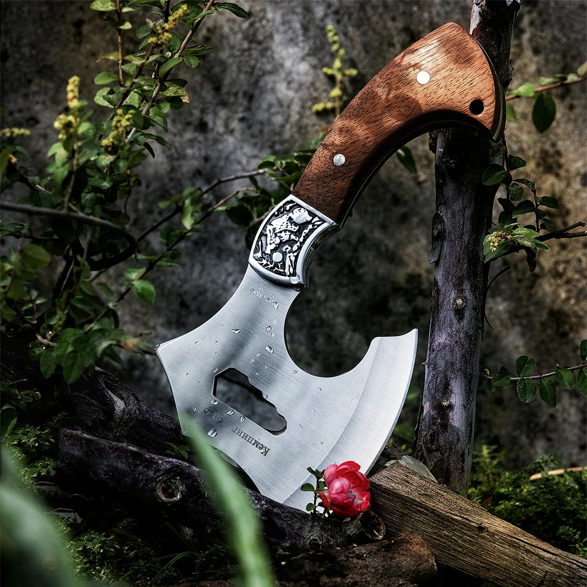 GEERMOLAN Camping Hatchet Overall 9.45in w/4.3in Blade, Camp Axe Wooden Grip, Survival Hiking Tactical Axe, Sheath Included