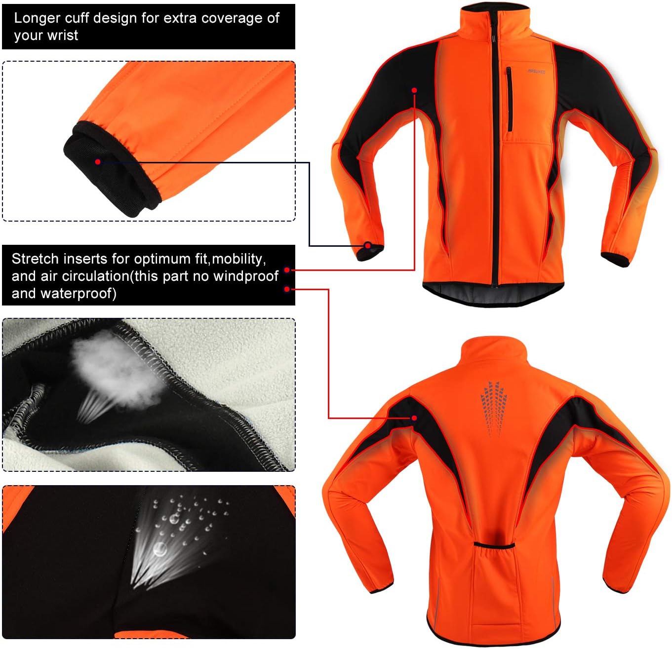 ARSUXEO Winter Warm UP Thermal Softshell Cycling Jacket Windproof Waterproof 15-k
