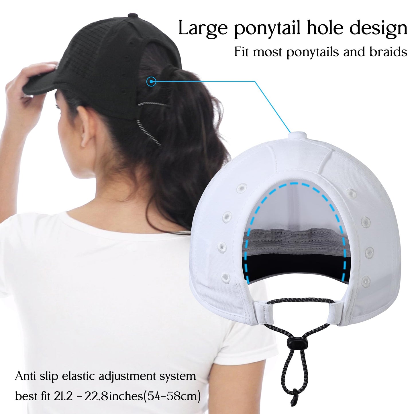 GADIEMKENSD Running Ponytail Hat for Women Dri Fit Baseball Cap Mesh Cooling High Messy Bun Ponycap Breathable Foldable Reflective Sports Hats for Workout Hiking Gym Golf White