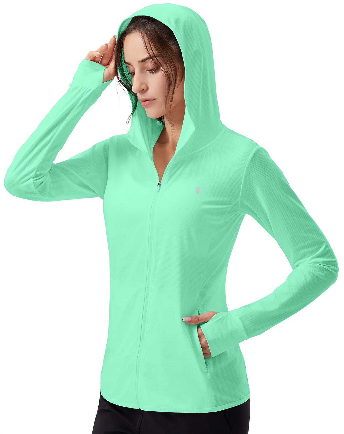 Soothfeel Women's UPF 50+ Sun Protection Hoodie Jacket Lightweight Long Sleeve Sun Shirt for Women with Pocket Hiking Outdoor Bright Green XL