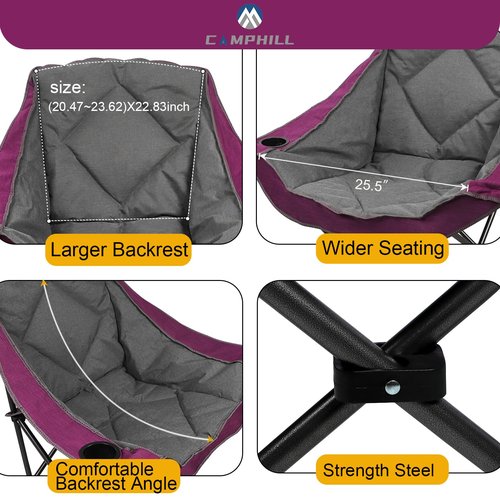 CAMPHILL Folding Camping Chair,Oversized Portable Camping Chair with Cup Holder,Heavy Duty Padded Lawn Chair for Camping, Tailgates, Beach, and Sports