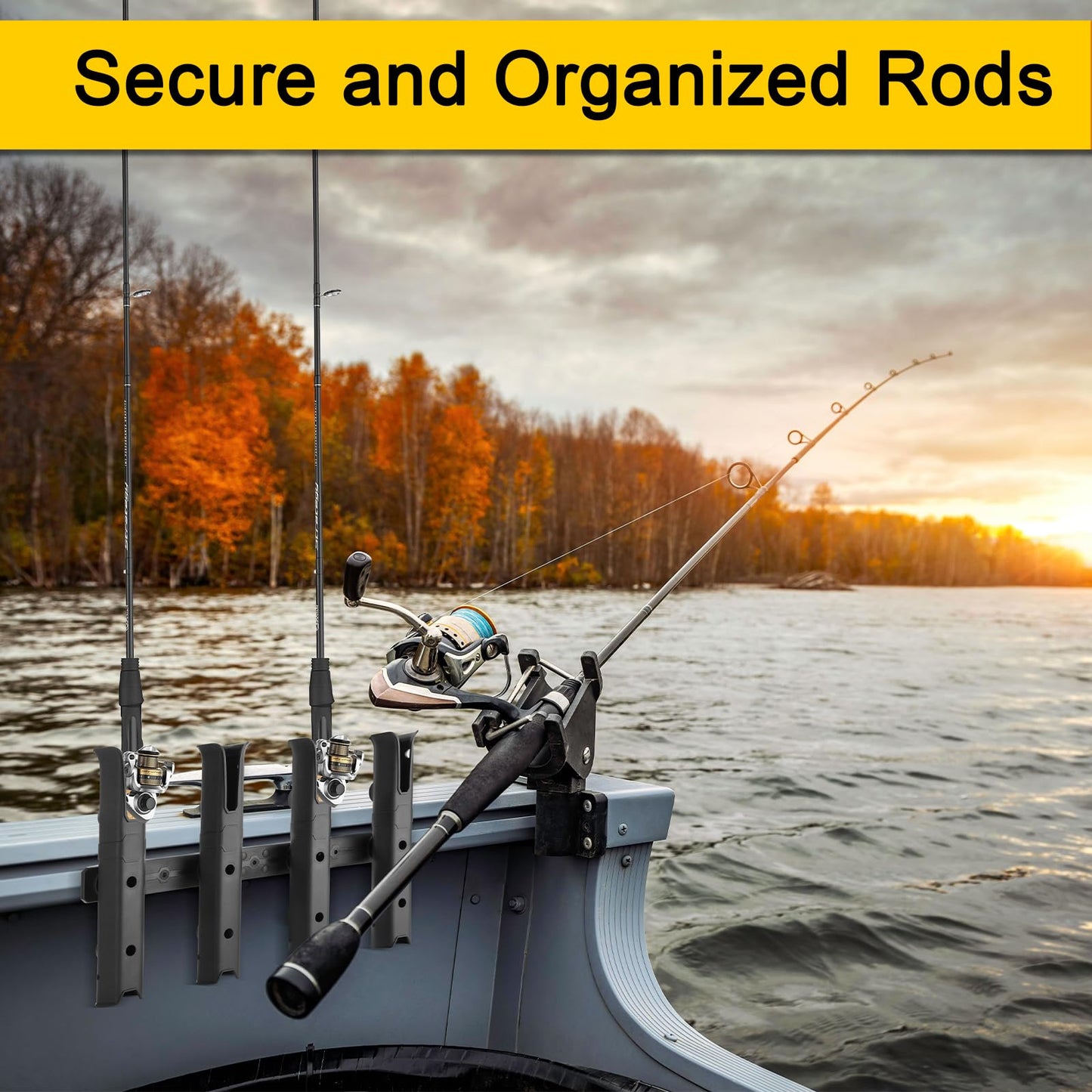 GearTrust 4-Tube Adjustable Fishing Rod Holder Bracket, Self-Adhesive Fishing Pole Holders for Garage Wall Mounted Fishing Rod Holders for Fishing Boat Wagon Golf Cart Crate Cooler ATV Trailer- Black