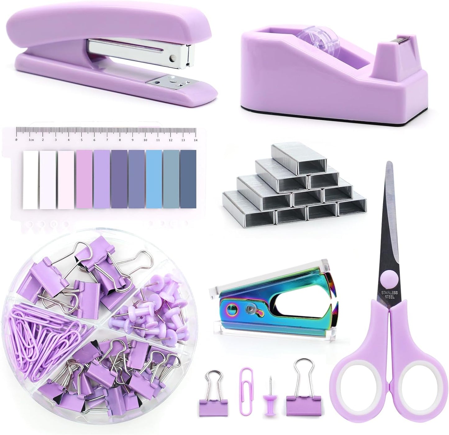 White Office Supplies, UPIHO White Desk Accessories, Stapler and Tape Dispenser Set for Women with Stapler,Tape Dispenser, Staple Remover, Staples,Scissor and Tabs for Students Office Clerks