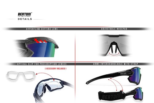 Bertoni Sport Sunglasses Polarized Photochromic Cycling MTB w. Prescription Carrier QUASAR (Black/Photochromic Polarized Yellow)