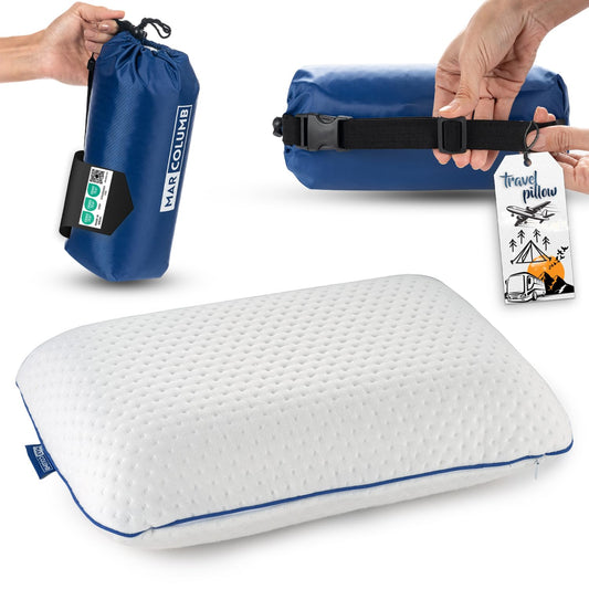 Marcolumb Travel & Camping Comfortable Memory Foam Pillow – Easy to Carry Portable Bag – Temperature Regulating Pillow Case - Perfect for Travelling (White)