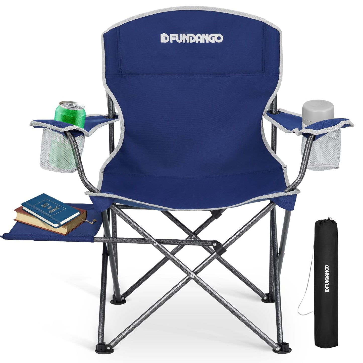 FUNDANGO Folding Camping Chair with Table, Portable Heavy Duty Outdoor Padded Chairs for Adults with Cup Holders for Lawn Beach Picnic Outside Travel (Blue)