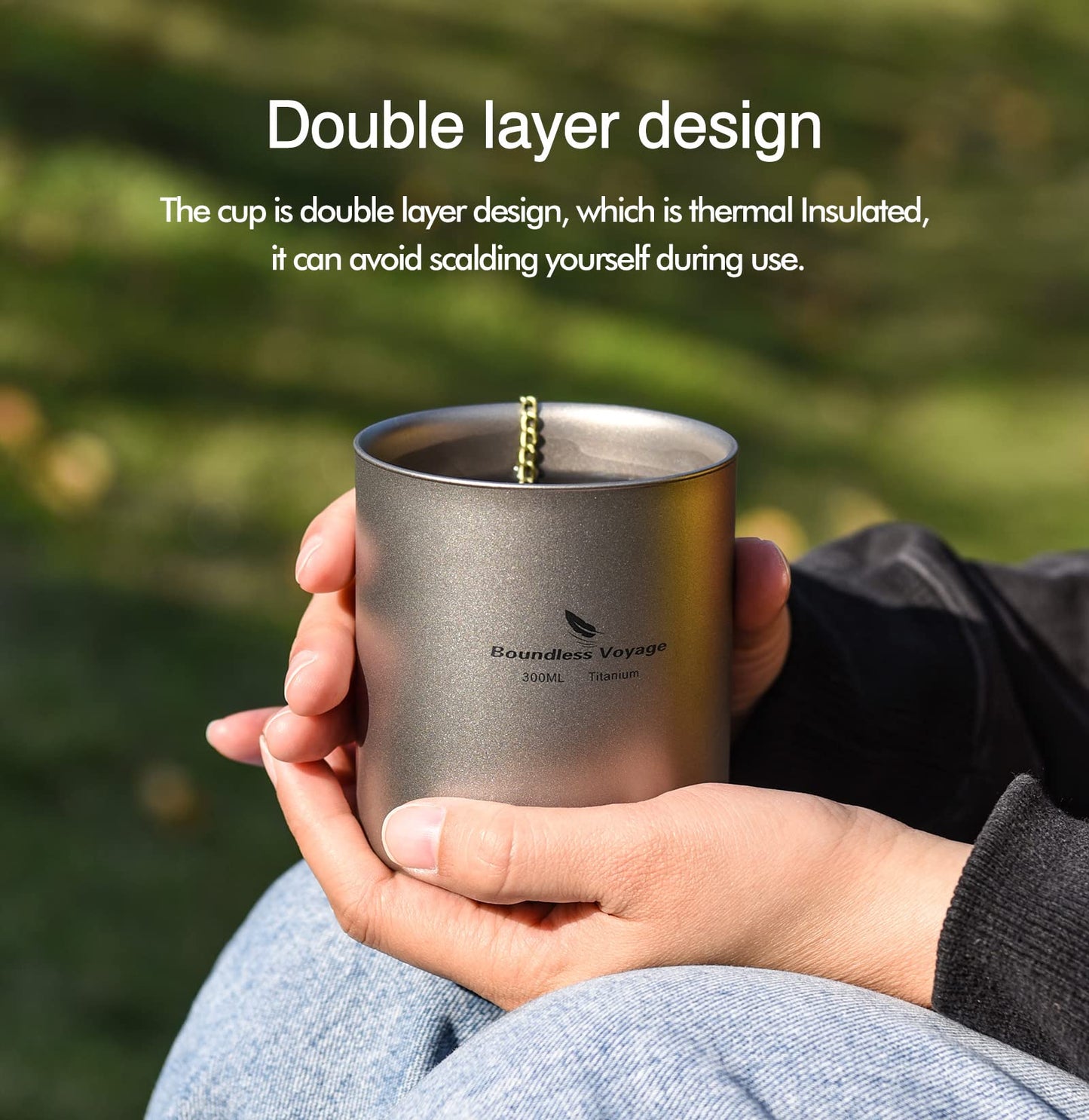 iBasingo 300ml Titanium Double-Walled Cup Ultralight Camping Tea Coffee Mug Metal Cold Hot Insulated Drinking Mug Portable Tableware for Outdoor Travel Hiking Backpacking Picnic Daily Used Ti3029D