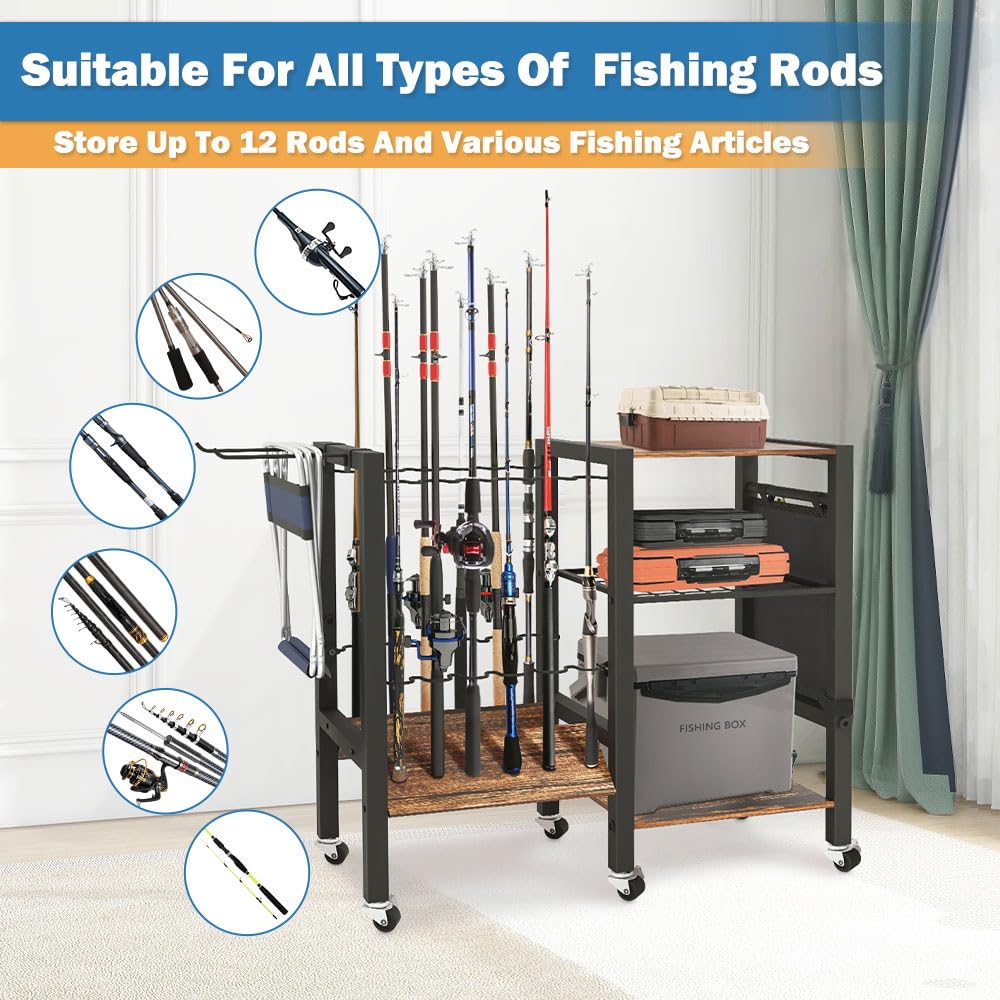 3-Tier Fishing Rod Holder, Garage Fishing Rod Rack, Fishing Rod Organizer for 12 Rods, Space Saving Fishing Pole Storage System for Garage Boat RV Basement, with Wheels Hooks and Storage Bag