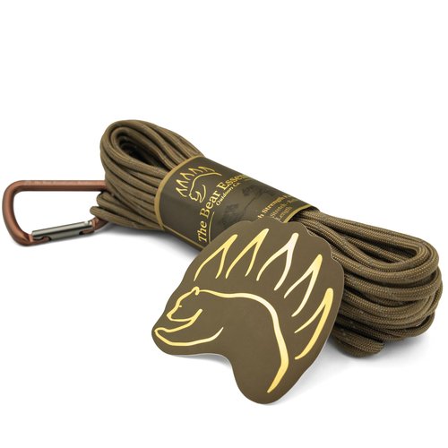 Bear Essentials Camping & Bushcraft Paracord + Carabiner - Reflective + Extra High Strength 750lbs - Special Low Stretch Polyester Sheath - 7 Strand Type 3 Camping Rope, 50-ft Coyote Bown