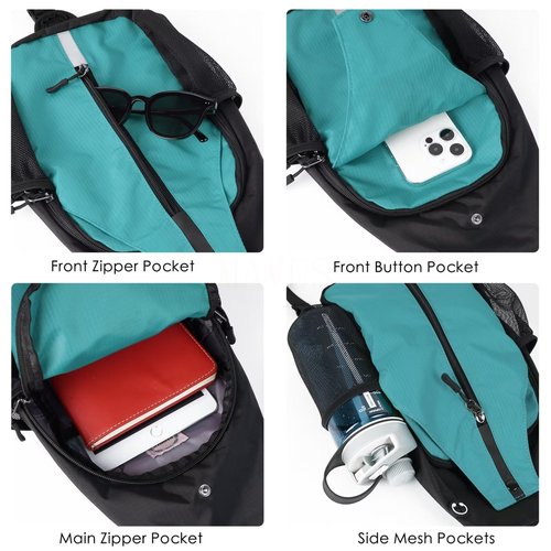 MAVHVAM Small Crossbody Sling Bag - Lightweight Travel Hiking Backpack - Adjustable Daypack - Reflective Strap - One Shoulder - Water-Repellent Chest Bag - Teal