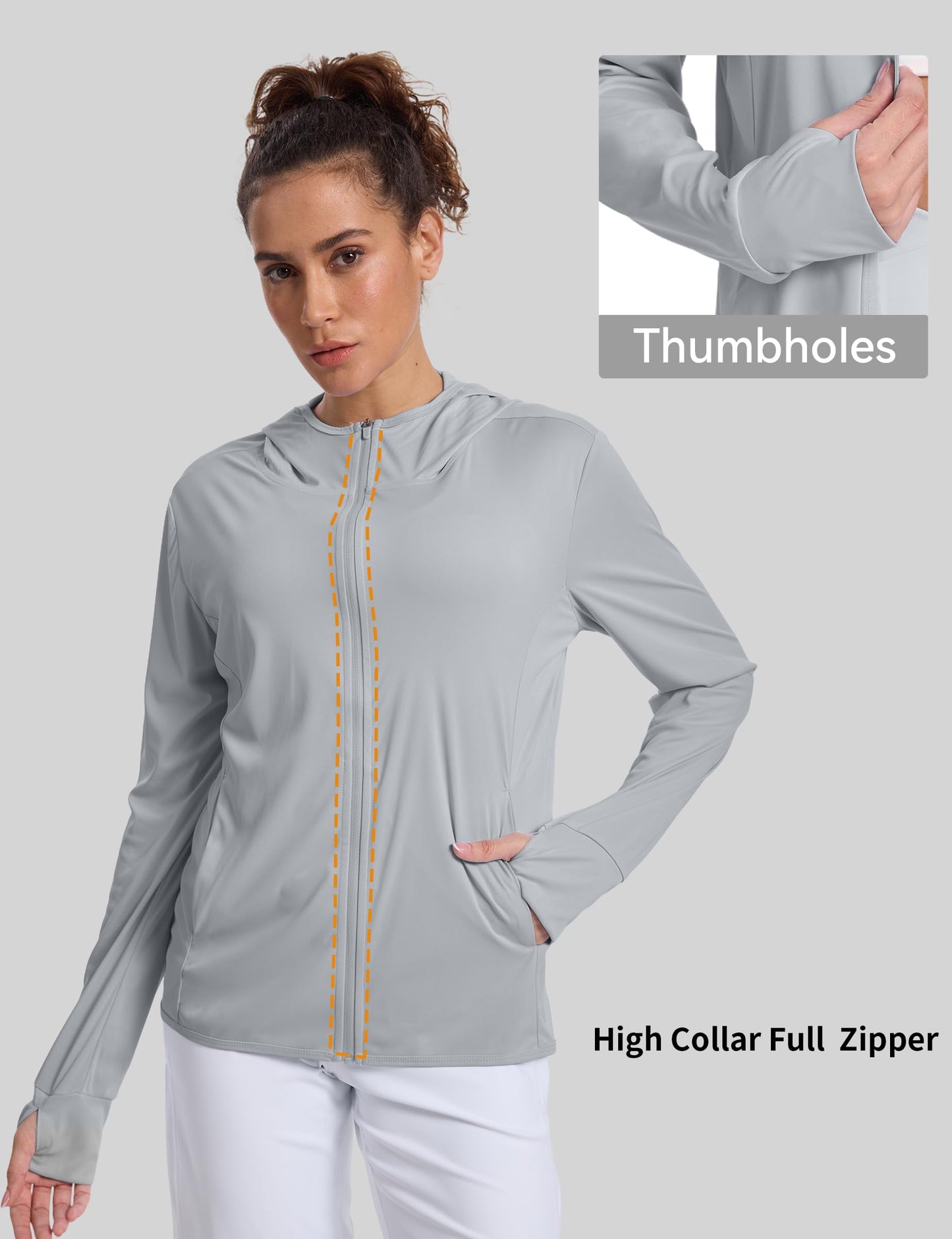 CHALLMOTI Women's Sun Protection Jacket Zip up Hoodie Lightweight Long Sleeve UV Cover Up Hiking Shirt UPF 50+ Grey M