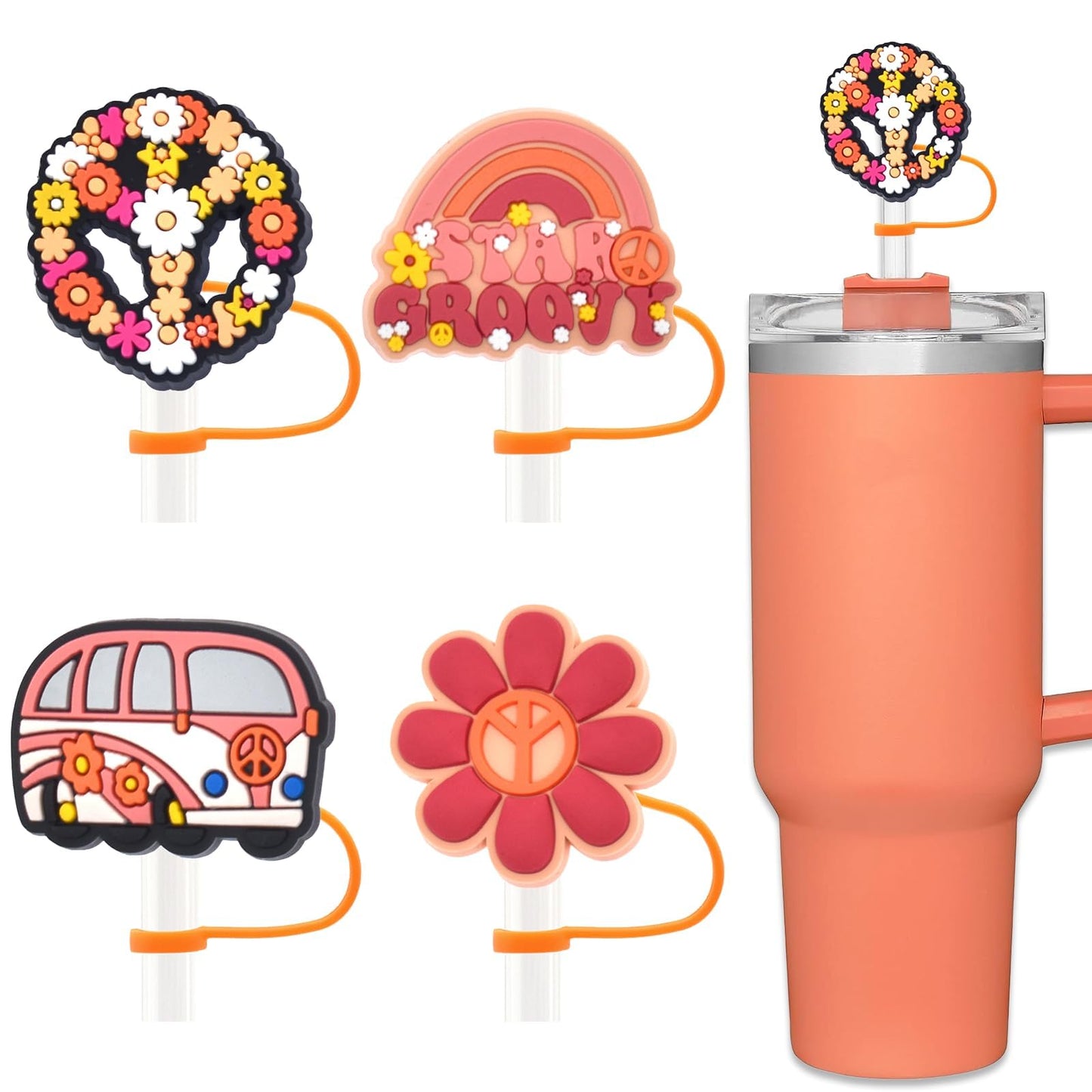 Amreich Boho Straw Cover for Stanley Cup - 4PCs Orange Stanley Cup Accessories, Groovy Hippie Design 60s 70s Party Straw Favors
